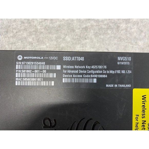 AT&T MOTOROLA NVG510 Modem Wi-Fi Router 12VDC DSL Broadband 4 Port Black - Picture 4 of 5